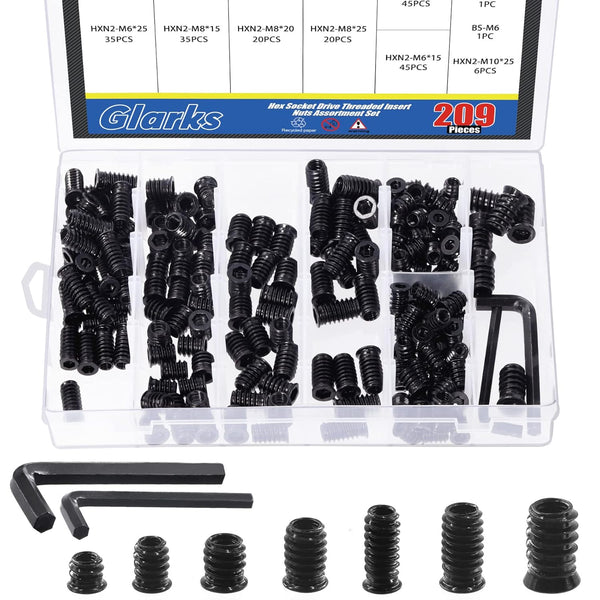 Glarks 208Pcs M6 M8 M10 Threaded Inserts Nuts, Zinc Plated Carbon Steel Hex Socket Drive Furniture Flanged Screw-in Nut