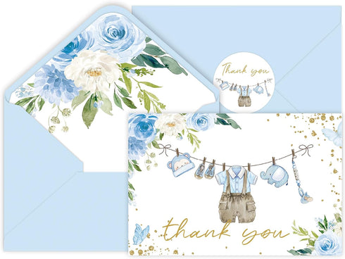 SMUAENSS 24 Pack Blue Rose Baby Shower Thank You Cards, Boy Baby Gift