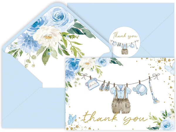 SMUAENSS 24 Pack Blue Rose Baby Shower Thank You Cards, Boy Baby Gift