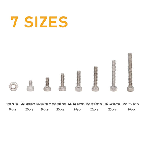 binifiMux 190pcs M2.5 Hex Socket Cap Screws and Hex Nuts Assortment Kit with Wrench, 304 Stainless Steel Silver Tone
