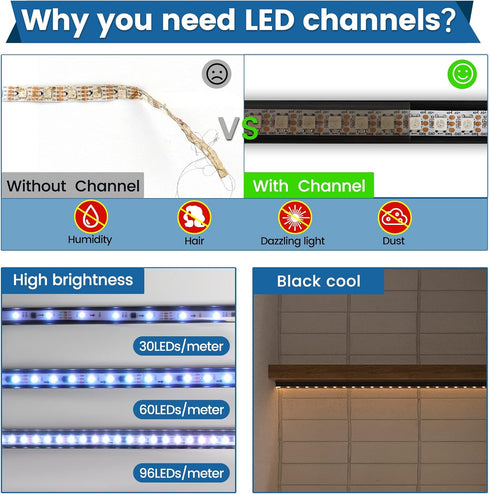 6Pack 3.3FT/1M U1SW 1M Muzata LED Channel Black Aluminum U Shape LED Strip Channel with Transparent Smoky Black Cover