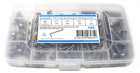 iexcell 100 Pcs #10-24 x 3/8", 1/2", 5/8", 3/4", 1" UNC Threads Stainless Steel Hex Socket Button Head Screws