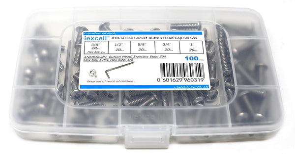 iexcell 100 Pcs #10-24 x 3/8", 1/2", 5/8", 3/4", 1" UNC Threads Stainless Steel Hex Socket Button Head Screws