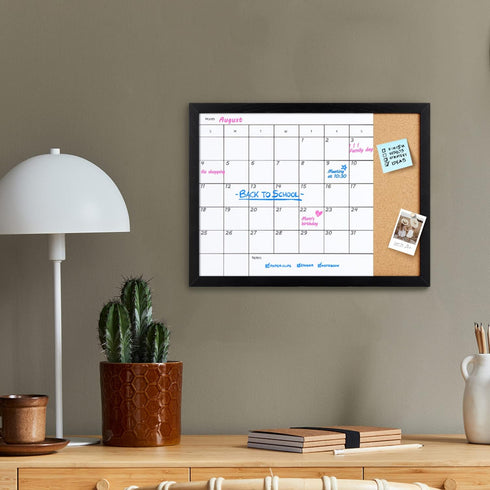 Magnetic Surface Monthly Calendar Whiteboard & Cork Board, Combination Dry Erase Calendar for Wall, Black Frame
