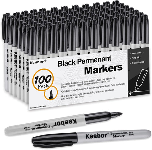 Permanent Markers Black, Bulk 100 Pack Fine Point Permanent Marker Set, Waterproof, Quick Drying Office Supplies