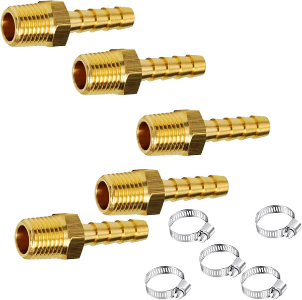 AOPANDA Brass Hose Barb Fitting, 3/8" to 3/8" NPT Male Air Hose Repair Fitting Kit, 5 Pcs Hose Clamps