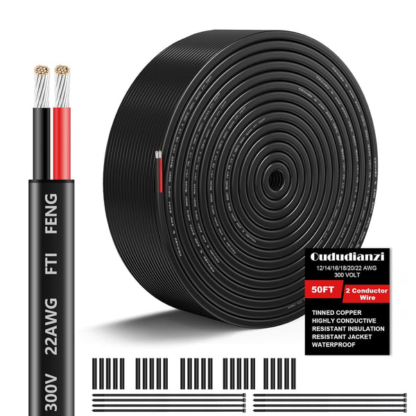 22 Gauge Wire 2 Conductor Electrical Wire, 22 AWG Stranded PVC Cord for Automotive Marine LED Strips Lighting (50FT)