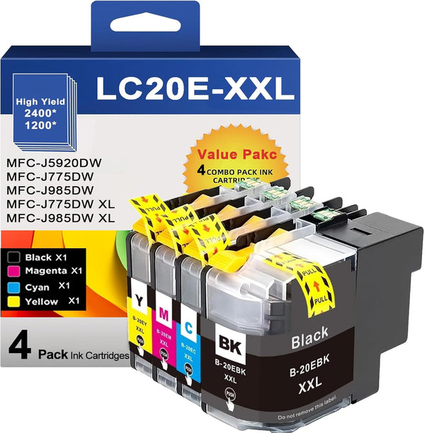LC20E High Yield Ink Cartridges Replacement for Brother LC20E LC-20E XXL (BK/C/M/Y, 4 Pack) for MFC Printers