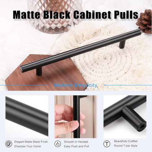 KNOBWELL 5 Pack 6-3/10 Inch Matte Black Kitchen Cabinet Handles, Round T Bar Pulls