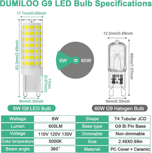G9 LED Bulb 6W,60W Halogen Equivalent,5000K Daylight White,High Brightness 600LM, AC120V T4 G9 Bulbs with Long Lifespan for Chandeliers Home Lighting,G9 Bi-Pin Ceramic Base,Non-Dimmable,6 Pack by DUMILOO