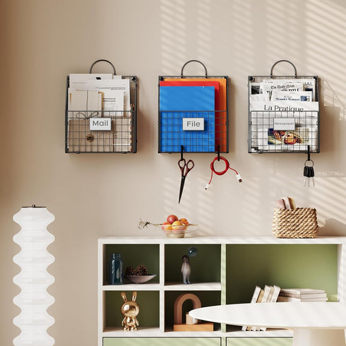 Hanging Wall File Organizer, Metal Wall Mounted Holder with Handles and Hooks, 3 Packs for Home Office Decor