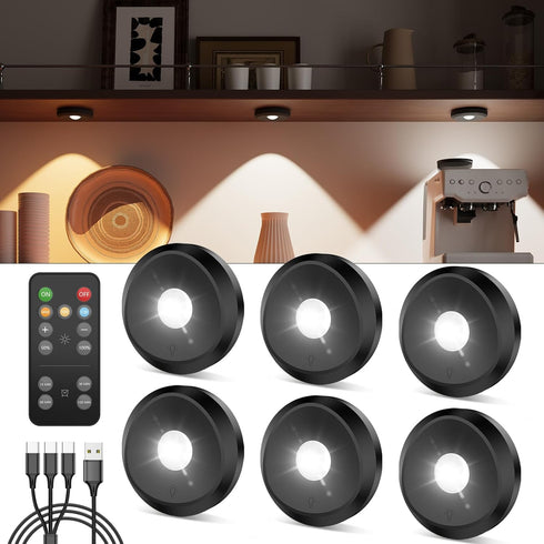 Rechargeable Puck Lights with Remote, Black 2400mAh Battery Touch Light, Magnetic Tap