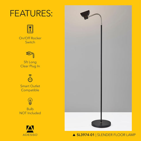 13.5 Adesso LED Desk Lamp with Adjustable Gooseneck Arm Focused Bright Light, Modern Black & Steel Finish, Slim Space