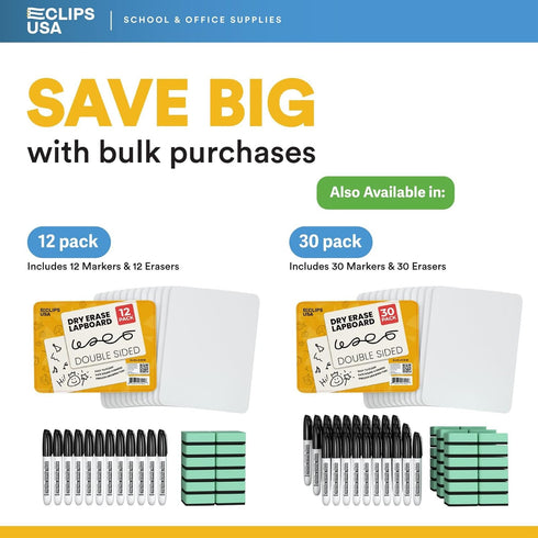 Dry Erase Board, 12 Pack of 9” x 12” Double Sided Lap Boards with 12 Markers & 12 Erasers for Classroom Use