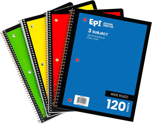 EPI Spiral Notebook | 3 Subject, Wide Ruled Paper, 120 Sheets, Assorted Cover Colors, 12-Pack