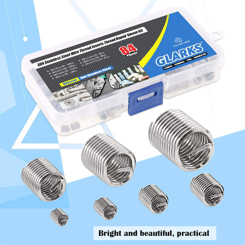 Glarks 84Pcs Stainless Steel Wire Thread Inserts - Thread Repair Sleeve Kit, Metric Assortment