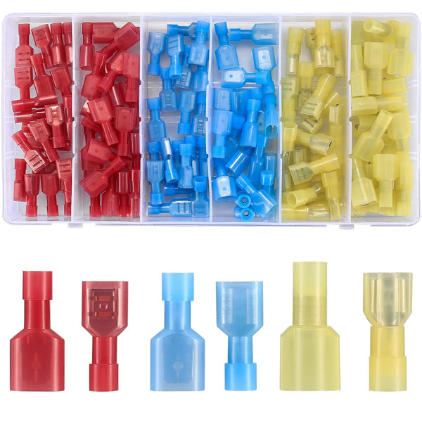 120 Pcs Spade Connectors Kit - Nylon 22-10 Gauge Male and Female Quick Disconnect Fully Insulated Wire Connectors