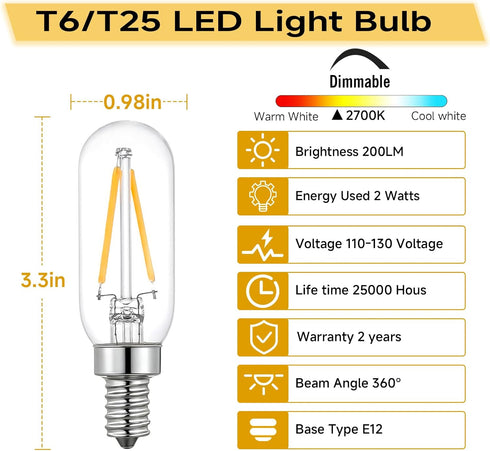 T6/T25 Bulb, E12 Dimmable, 25W (2W), 2700K 200LM, 6 Pack LED Edison Candelabra Base, Equivalent Warm White, Clear Glass