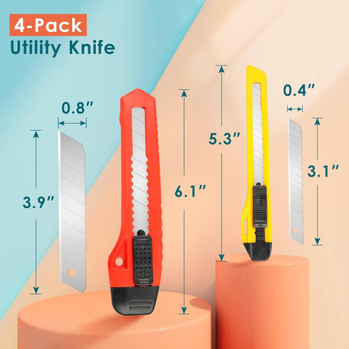 ORIENTOOLS Utility Knife Box Cutter Razor Auto-lock 4-Pack Set, Retractable Box Cutter Snap Off Blades Knife, for Office, Home, Arts, Crafts, Red and Yellow by ORIENTOOLS