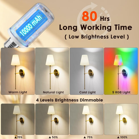 10000mAh 9 4 Bulbs, KIBTOY Battery Operated Wall Sconces, Rechargeable Wireless Wall Lights with Remote, RGB Colors