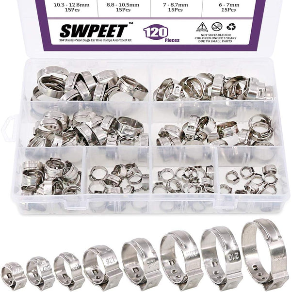Swpeet 120Pcs 304 Stainless Steel Single Ear Hose Clamps, 8 Sizes Crimp Hose Clamp Assortment Kit for Automotive