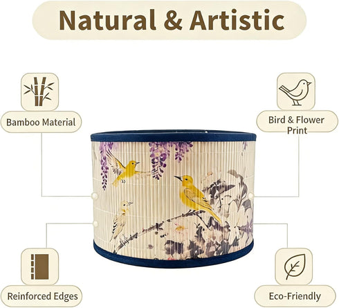 Alaviitsi 11.81x7.87 Inch E26/E27, Bamboo Drum Lamp Shade Vintage Rustic Floral Bird Pattern Purple, Lamp Shade