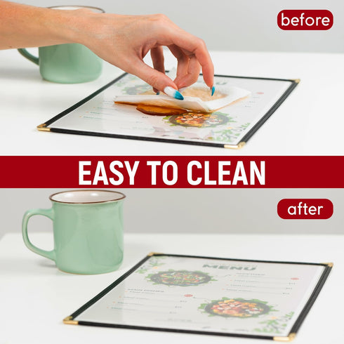 25 8.5'' 11'', Restaurant Menu Covers x Double Stitched Single Pocket Menu Holder with Golden Corners, Clear Viewing
