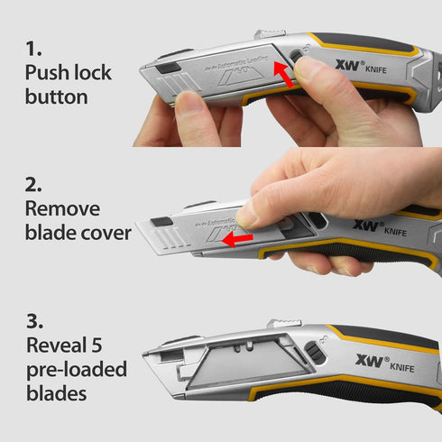 XW Heavy Duty Auto-loading Utility Knife, 3-position Retractable Box Cutter with 5 Blades