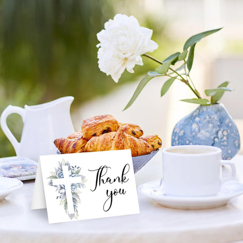 50Pcs FYSUIMU Funeral Thank You Card Cross Flower Sympathy Boxed Thank You Card with Sticker Envelope Blue Floral