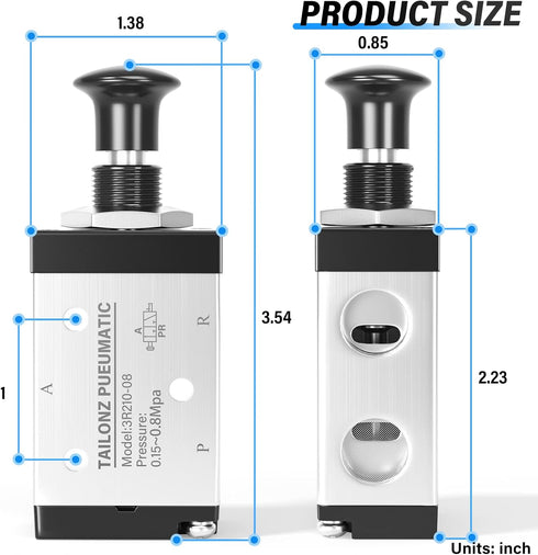 TAILONZ PNEUMATIC 3 Way 2 Position Air Hand Lever Operated Valve 1/4"NPT Pneumatic Solenoid Valve Manual Control Push-Pull 3R210-08 by TAILONZ PNEUMATIC