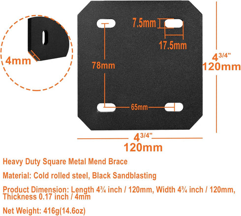 Mending Plate Flat Brackets for Wood - 6 Pack Heavy Duty Black Metal Plates for Repair Joining