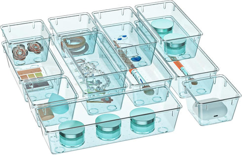 WOWBOX 12 Pack Clear Drawer Organizer Set, Acrylic Storage Trays for Makeup, Jewelries, Utensils, and Gadgets