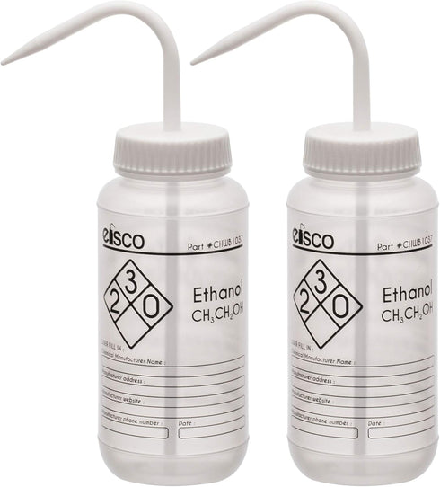EISCO 2PK Wash Bottles for Ethanol, 500ml, Labeled with Chemical & Safety Information, Wide Mouth