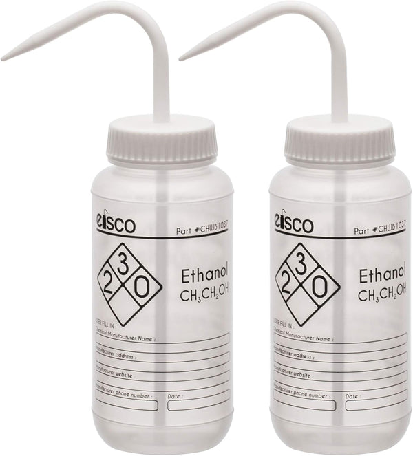 EISCO 2PK Wash Bottles for Ethanol, 500ml, Labeled with Chemical & Safety Information, Wide Mouth