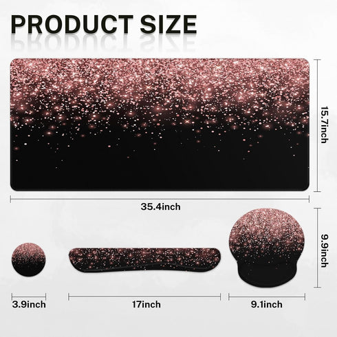 Britimes Set 4in1 35.4x15.7 inches Rose Gold Pink Keyboard Mouse Pad Black Golden Large Mousepad+Keyboard Wrist