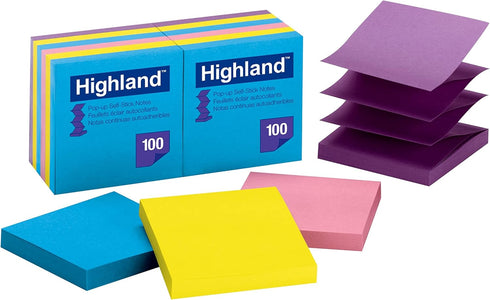 Highland Pop-up Sticky Notes, 3 x 3 Inches, Assorted Bright Colors, 12 Pack (6549-PUB)