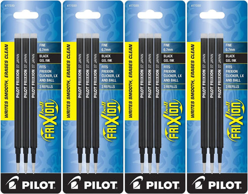 PILOT FriXion Gel Ink Refills - Fine Point Black Ink for Erasable Pens, 4 Pack of 3 Refills (77330)