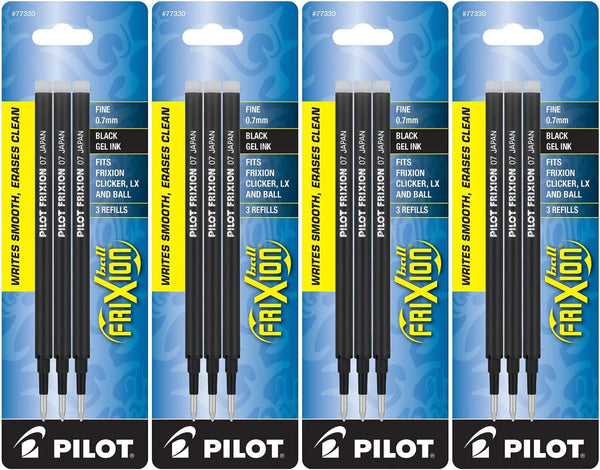 PILOT FriXion Gel Ink Refills - Fine Point Black Ink for Erasable Pens, 4 Pack of 3 Refills (77330)