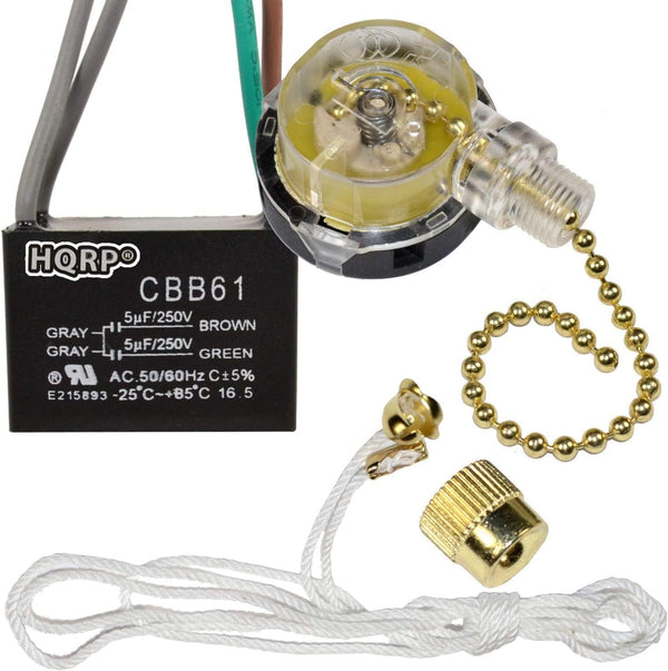 HQRP Kit Ceiling Fan Capacitor CBB61, 5uf+5uf 4-Wire UL-Listed and 3-Speed Fan Switch