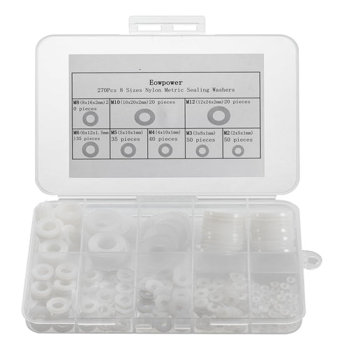 Eowpower 270 Pieces Nylon Metric Sealing Washers Assortment Set, 8 Sizes