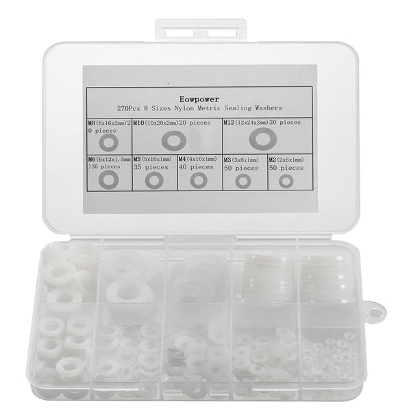 Eowpower 270 Pieces Nylon Metric Sealing Washers Assortment Set, 8 Sizes