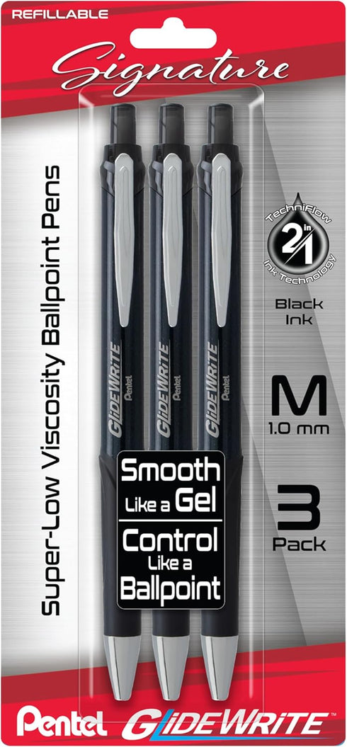 Pentel Glidewrite Signature Ballpoint Pen, Medium 1.0mm, Black Barrel, Black Ink, Pack of 3 (BX930ABP3A)