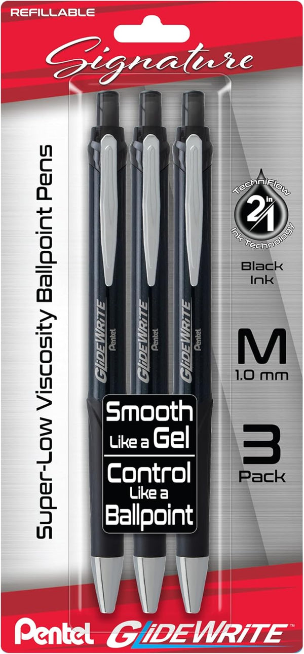 Pentel Glidewrite Signature Ballpoint Pen, Medium 1.0mm, Black Barrel, Black Ink, Pack of 3 (BX930ABP3A)
