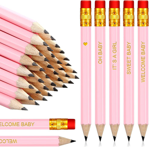Crtiin 50 Pieces Baby Shower Pencils for Games, Golf Half Pencils, Mini Pencils, 4 Inch, Pink