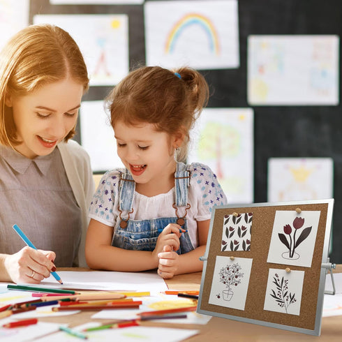 Desktop Cork Board, Double Sided Bulletin Board Message Board with 15 PCS Push Pins for Home School Office Decor