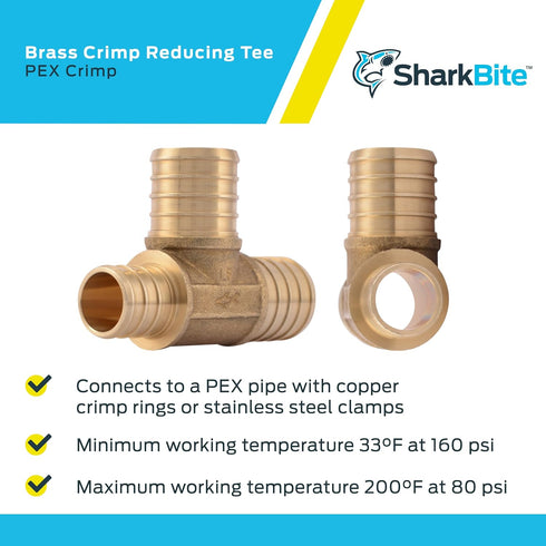 SharkBite Crimp Reducing Tee, 1 x 3/4 x 1 Inch, Brass Plumbing Fitting for PEX Pipe, PE-RT, UC418LFA