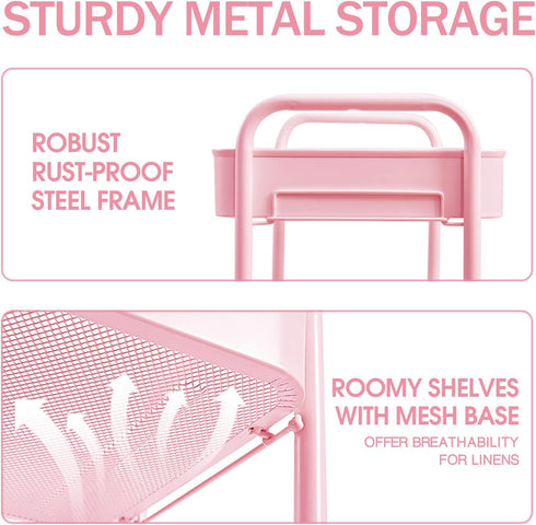 TOOLF 3-Tier Rolling Cart, Pink Metal Utility Cart with Lockable Wheels, Easy Assembly for Baby Room, Bathroom, Kids'