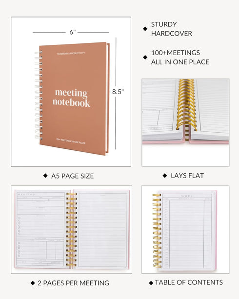 Lamare A5 Meeting Notebook for Work Organization, 220 Pages, Note Taking Planner for 100+ Meetings, 8.5x6”