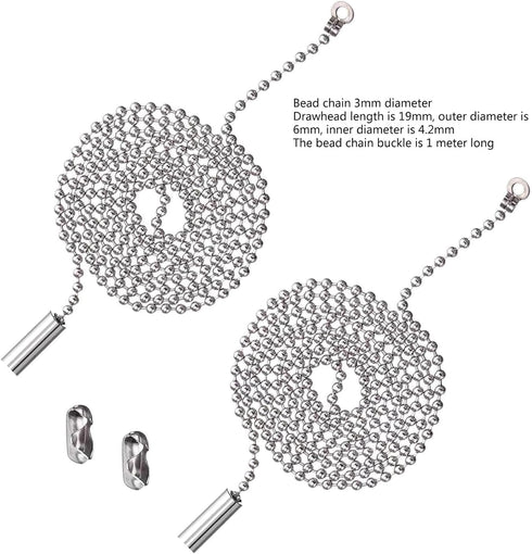 2pcs Silver Ceiling Fan Pull Chain, Rustproof Beaded Extension Chains for Light Bulb, 3.3 Feet Metal Accessories
