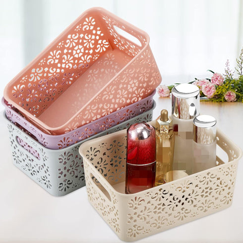 Frcctre 8 Pack Plastic Storage Baskets with Handle, Stackable Organize Bins for Home, Office, Bathroom, School (Flower